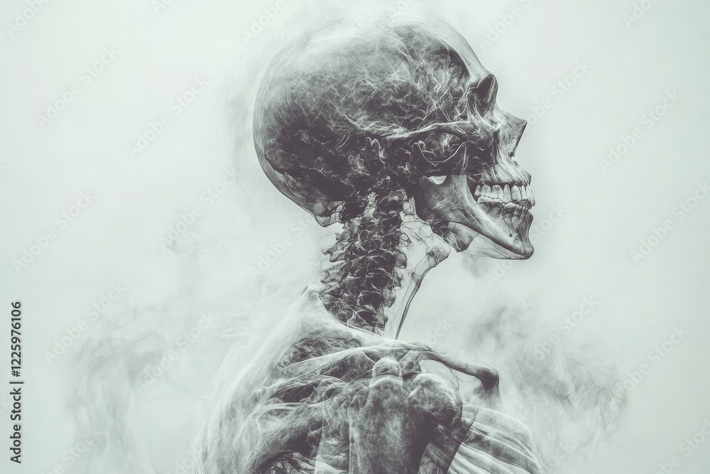 Poster realistic human skeleton profile against a muted background showcasing anatomical details and textur