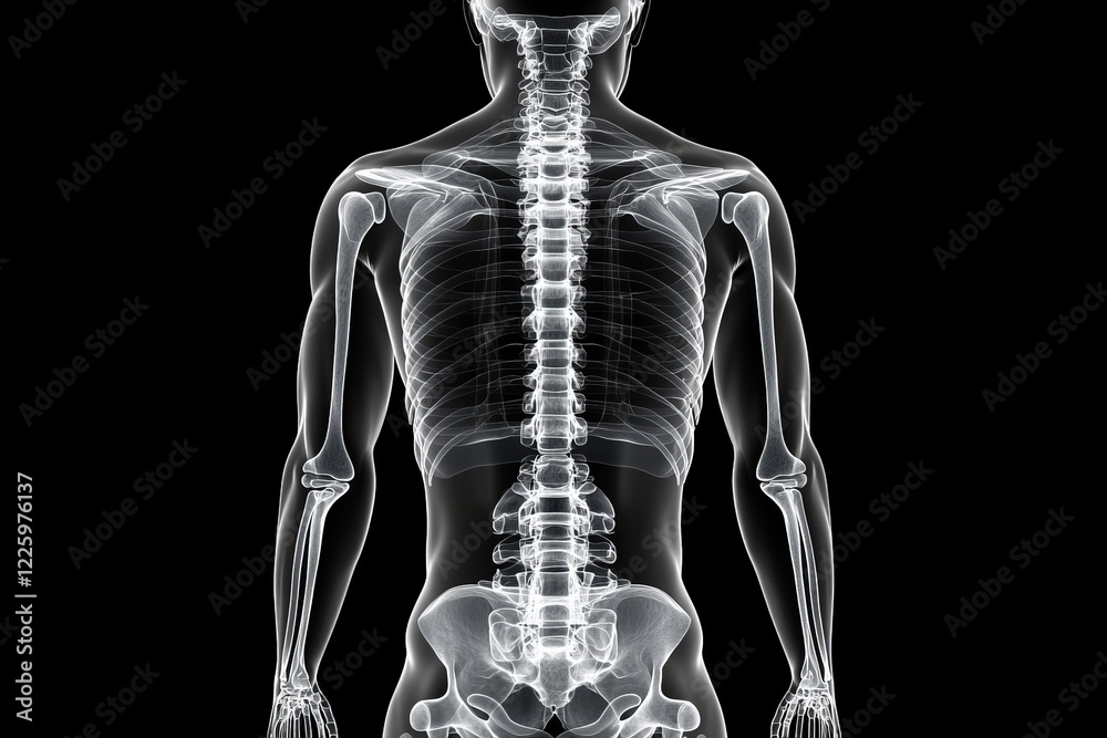 Poster detailed view of human spine and skeletal structure against black background showcasing health and a