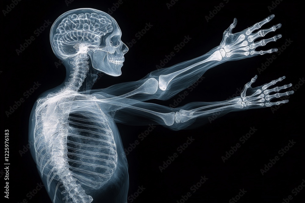 Poster detailed x-ray of a human skeleton with arms extended, showcasing the spinal column and brain struct