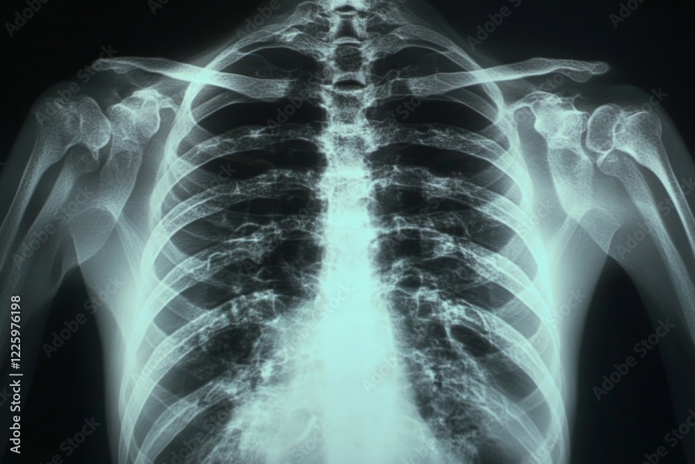 Poster detailed x-ray showing human thoracic cavity and associated structures in a clinical setting