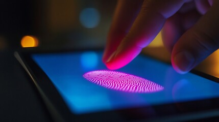 Fingerprint authentication on a tablet screen with a vivid pink scan and dark background