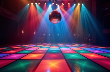 Vibrant dance floor with colorful lights and a disco ball. Colorful beams illuminate the space. Nightclub setting. Modern design. Entertainment. Celebration. Party atmosphere.