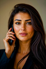 Fototapeta premium A woman talking on a cell phone while wearing a black suit