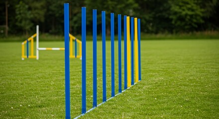 Dog agility course with vibrant blue and yellow poles.  Outdoor training in a lush park.