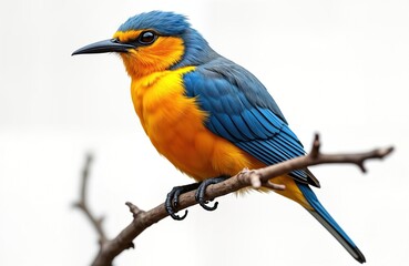 Obraz premium Colorful bird perched on branch. Brilliant blue and orange plumage. Close-up view. Isolated on white background. Wild, exotic, nature theme. Beautiful avian animal. Avian wildlife. Lovely bird design.