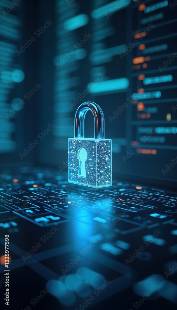 Fototapete Digital padlock on tech interface. Cybersecurity concept. Data transfer safety. Privacy, risk management. File security. Modern tech. Secure data. Digital security. Protection. Secure access. Access