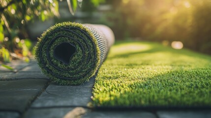 rolled green artificial grass in a backyard