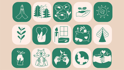 Green icons about the environment. Mental health care conceptual set. Natural elements set in flat style. Hand drawn sustainable illustrations.