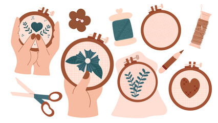 Cross stitch. Needlework set. Women's hands hold a hoop with embroidered flowers and heart. Vector hand draw illustration. © Aliaksandra