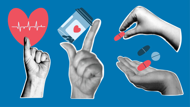 Treatment of cardio disorders conceptual halftone collage set with pills, heart. Vector illustration