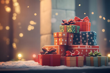 A beautiful stack of Christmas gift boxes, wrapped in colorful paper and adorned with festive bows, creating a cheerful and inviting atmosphere.
