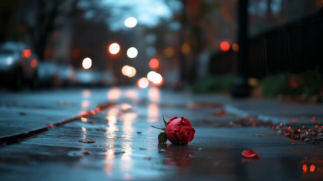 Red rose lies on wet street, city lights blur.