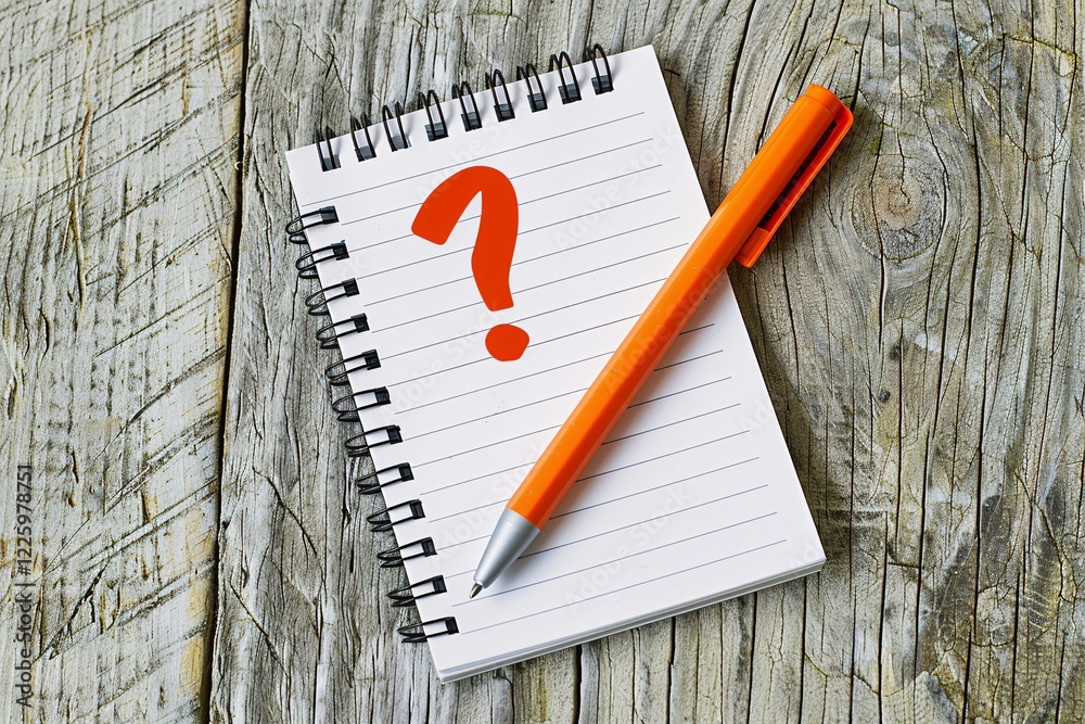 Aufkleber red question mark notepad and an orange pen resting on a weathered wooden table