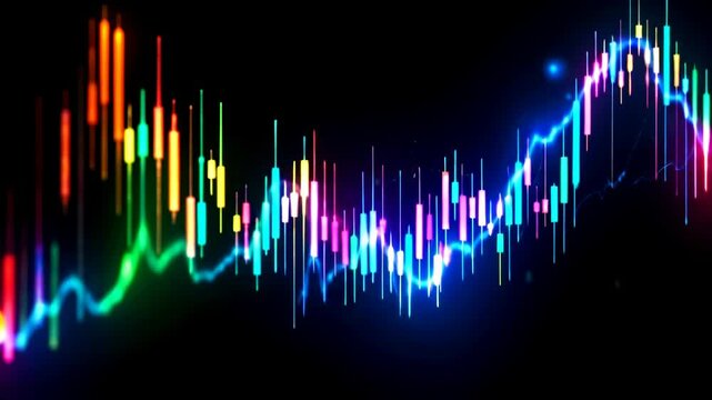 Dynamic colorful stock market chart on dark background. Trading investment charts. Financial graph with glowing candlesticks. Concept for business, analysis, burse exchange. Bourse buoyant footage. 