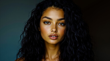 Obraz premium A woman with long black curly hair is looking at the camera