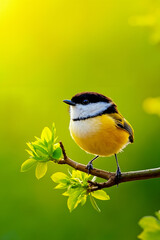 Obraz premium A small bird sitting on a branch with green leaves