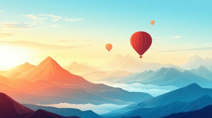 Colorful hot air balloons soaring over majestic mountains at sunrise with a serene landscape