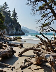 Fototapeta premium A beach blanketed with driftwood trees