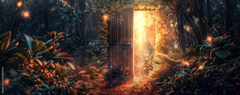 Poster Mysterious doorway is glowing in a magical forest at night, fireflies adding to the wonder