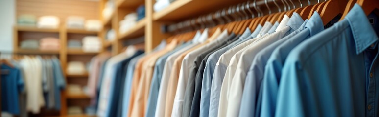 Variety of colorful shirts hang neatly on hangers in clothing store. Clean, organized display of garments. Pro clothing display. Fashion concept. Stylish design for boutique. Apparel shop. Retail