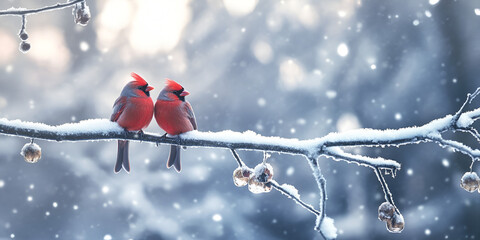 Love Birds Perched on a Snowy Branch in Winter
