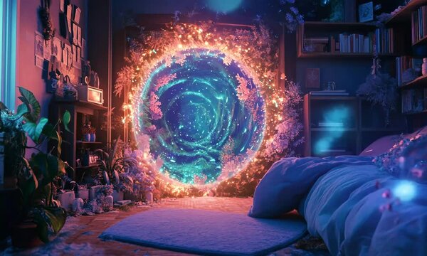 Magical Portal to Fantasy World in Cozy Cute Bedroom. Anime Style Cartoon Looping. Animated Background / Wallpaper. VJ / Vtuber / Streamer Backdrop. Seamless Loop.