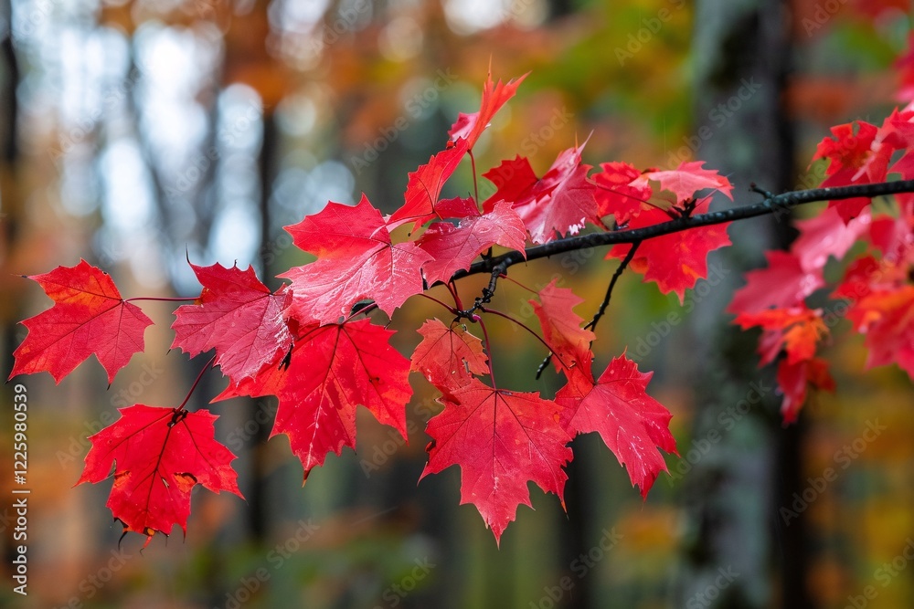 Aufkleber soft focused forest background with a branch adorned in vibrant red maple leaves