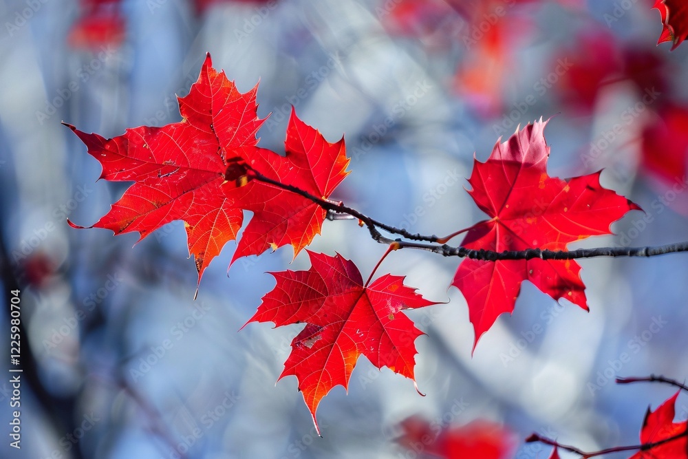 Poster Morning sunlight shining through red maple leaves on a branch, creating a bokeh effect in the background