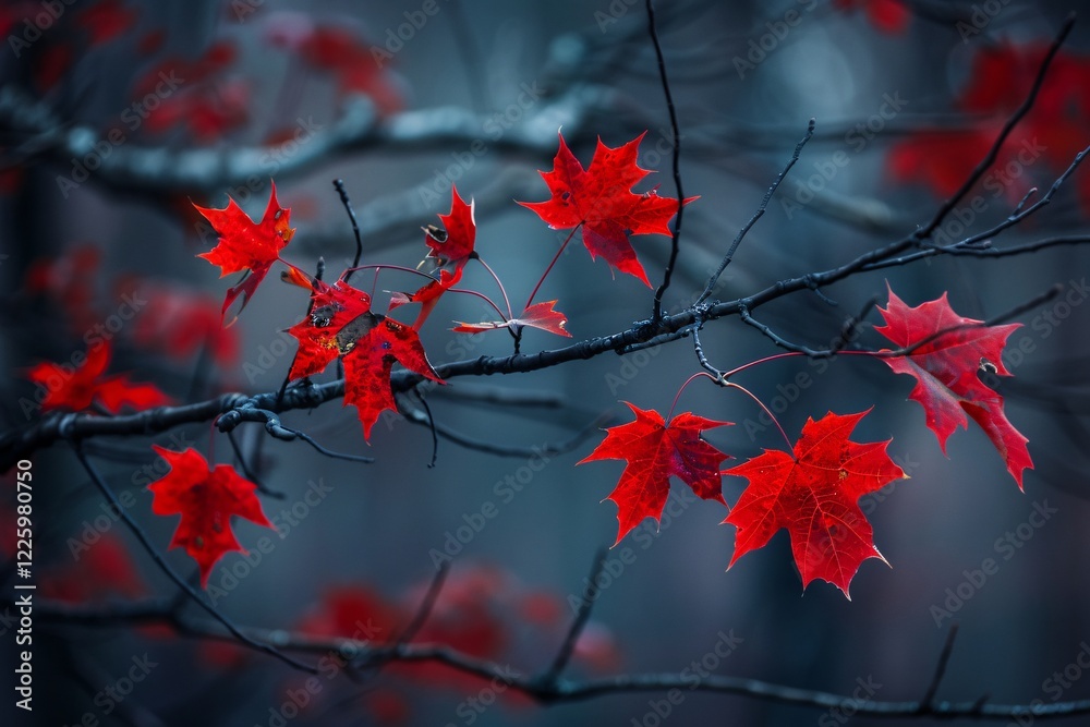 Aufkleber Blurred forest background with red maple leaves hanging from a branch