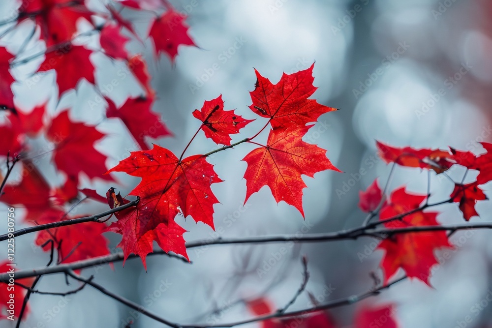 Aufkleber autumn symbol: bright red maple leaves shining on a forest tree branch