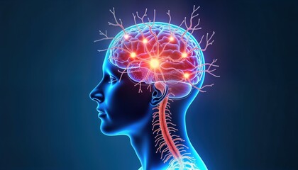 Obraz premium Human head profile shows brain anatomy with glowing neurons. Nervous system highlighted. Medical illustration brain functions. Potential use cases include anatomy education, neurology research,
