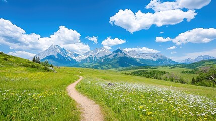 Mountain meadow trail, wildflowers, sunny day, scenic background, travel photography