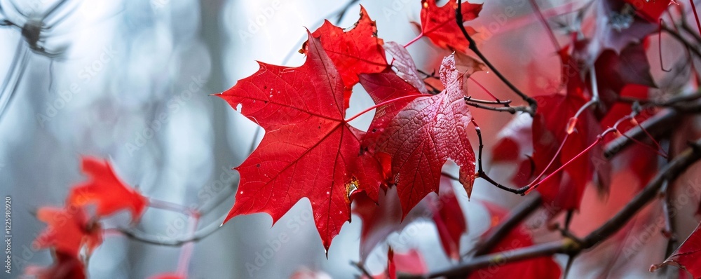 Aufkleber blurred forest background with red maple leaves growing on a branch