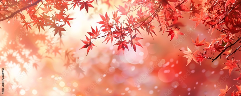 Poster Red maple leaves falling on a blurred background with bokeh, creating a beautiful and warm autumnal mood