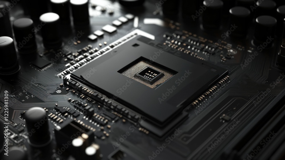 Poster close-up image of a computer motherboard with a central processing unit socket