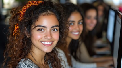 Smiling Young Woman with Friends in Computer Lab