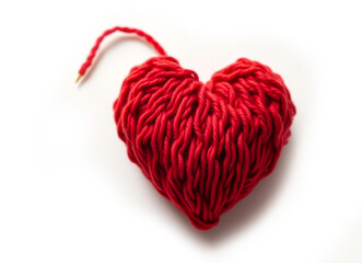 Knitted heart made of red wool threads. light white background.