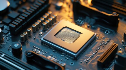 Close up view of a modern computer motherboard circuit board with components