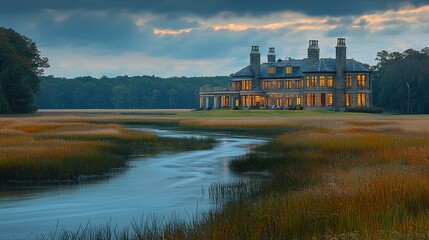 Fototapeta premium Serene Twilight Mansion: A Majestic Estate by the Water