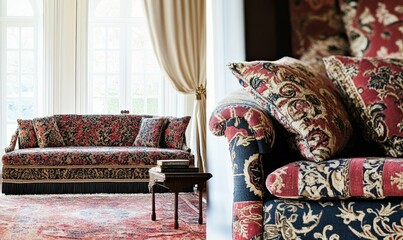 Ornate, patterned sofa and rug with window light.
