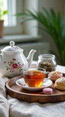 Fototapeta premium Cozy morning tea setup with floral teapot, scones, and macarons on a wooden tray in bright kitchen setting