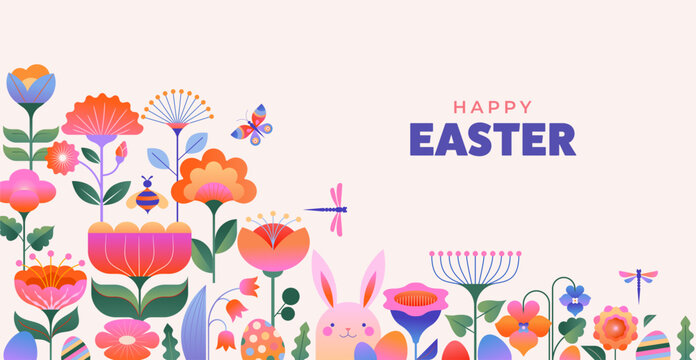 Happy Easter, Modern flat design with flowers, eggs and bunnies, pastel colors