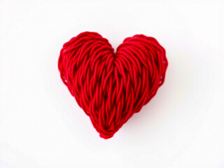 Knitted heart made of red wool threads. light white background.