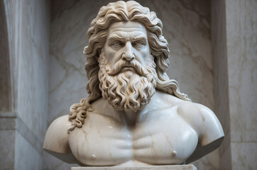 Obraz premium High-Resolution Marble Bust of Zeus with Intricate Details, Capturing the Strength and Majesty of Classical Greek Art