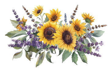 Bright Sunflowers and Lavender Create a Vibrant Floral Arrangement for Summer Decor - Vintage Illustration, Isolated on White Transparent Background, PNG