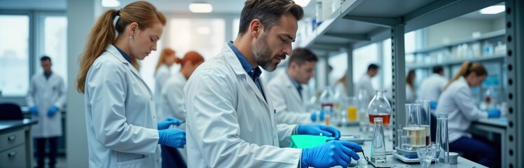 Scientists in lab coats work intently in modern lab. Conducting research with various lab equipment. Collaboration, innovation evident in active pharmaceutical research environment. Team focuses on