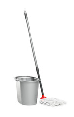 String mop and bucket isolated on white. Cleaning equipment