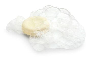 Round soap with foam on white background
