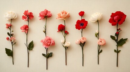 A Row Of Delicate Pink And Red Flowers Arranged On Beige