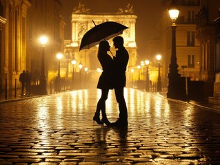 A romantic Parisian street scene in the rain, with a couple sharing an umbrella, warm streetlights reflecting off cobblestones, and a dreamy atmosphere